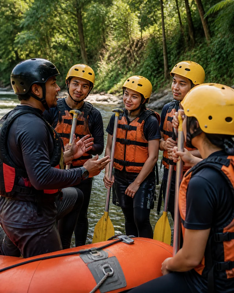 Guide memberikan briefing keselamatan kepada peserta rafting